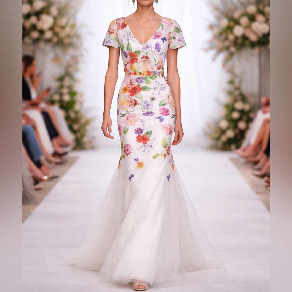 Marchesa Notte Embroidered Tulle Gown Womens 4 Ivory Formal NWT